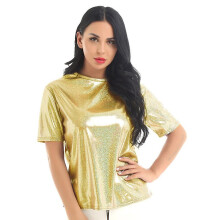 (gold, S) Shiny Metallic Crewneck Tees for Women