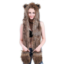 (Brown)Plush Hooded Scarf Animal Paw Gloves