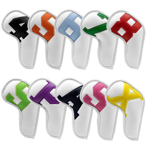 (White-Color)10pcs Leather Golf Iron Head Covers Set