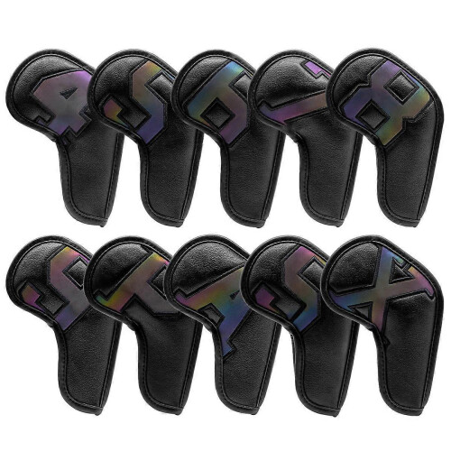 (Black)10pcs Leather Golf Iron Head Covers Set