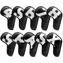 (Black-White)10pcs Leather Golf Iron Head Covers Set