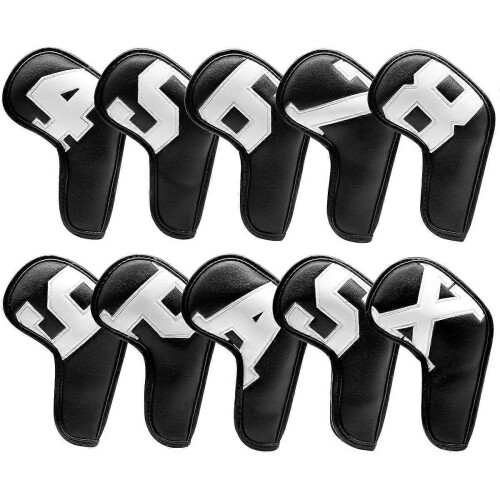 (Black-White)10pcs Leather Golf Iron Head Covers Set