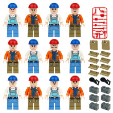 12 PCS Construction Worker with Red Wrench & Brick Building Block Role Play Toys for Children