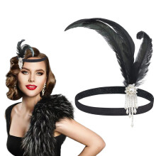 Fjäderhårband för kvinnor, glittrande strass-flapperhuvudbonad med halsband av konstpärlor, klassisk 1920-tals nostalgidesign med glittrande
