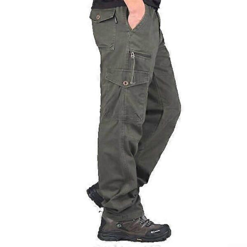 (XL,Grey-green)Men's Multi-Pocket Loose Cotton Casual Work Pants