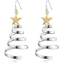Handmade Christmas Tree Hoop Earrings Golden Silver Two Tone