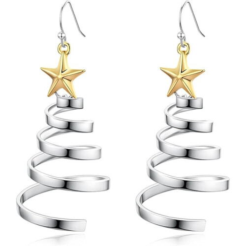 Handmade Christmas Tree Hoop Earrings Golden Silver Two Tone