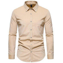 (M,Khaki)Men's Lapel Corduroy Casual Long Sleeve Shirt