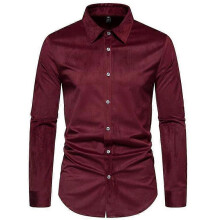 (2XL,Burgundy)Men's Lapel Corduroy Casual Long Sleeve Shirt