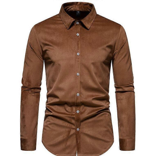 (S,Coffee)Men's Lapel Corduroy Casual Long Sleeve Shirt