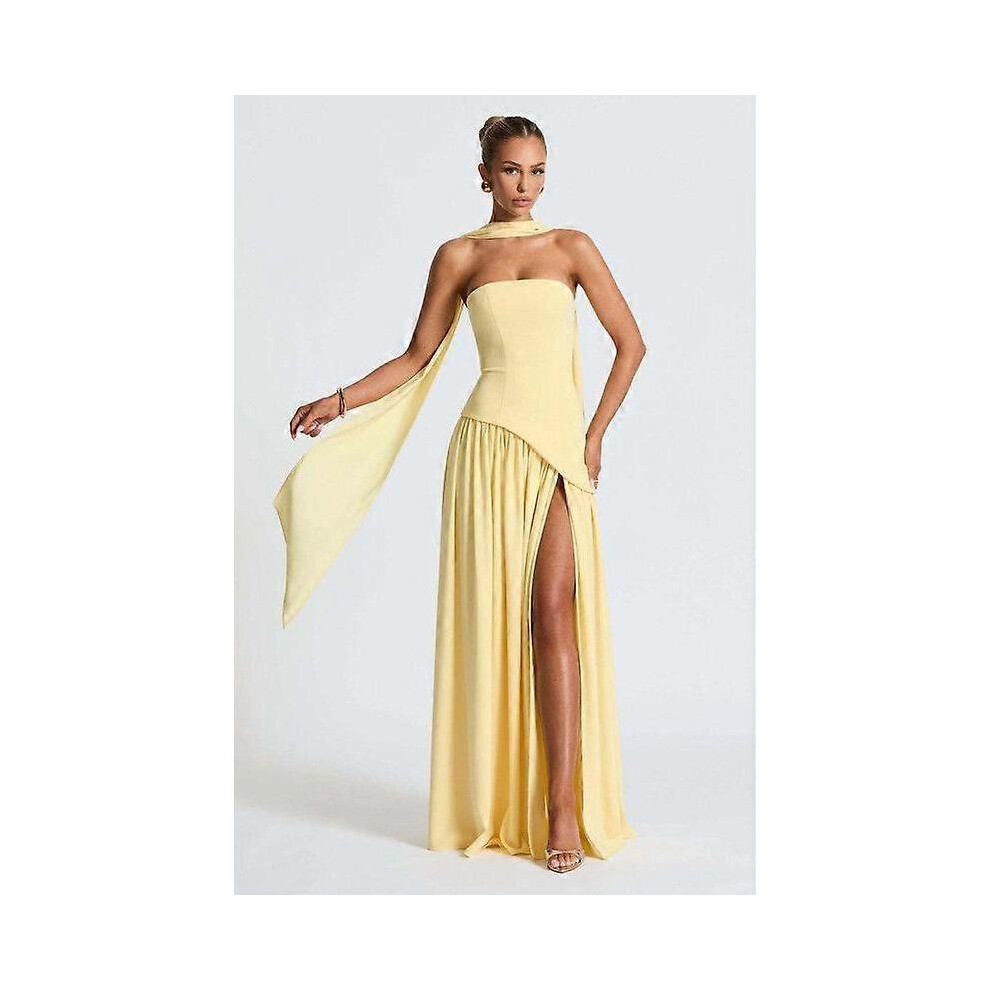 (S, Yellow) Women's Strapless Solid-Color Split Dress Fashionable Sexy Backless High-Slit Long Dress-image