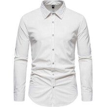 (2XL,White)Men's Lapel Corduroy Casual Long Sleeve Shirt