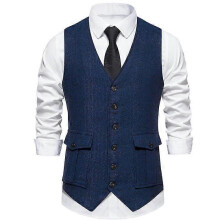 (XL,Blue)Men's Casual Single-breasted Suit Vest With Three-dimensional Pockets