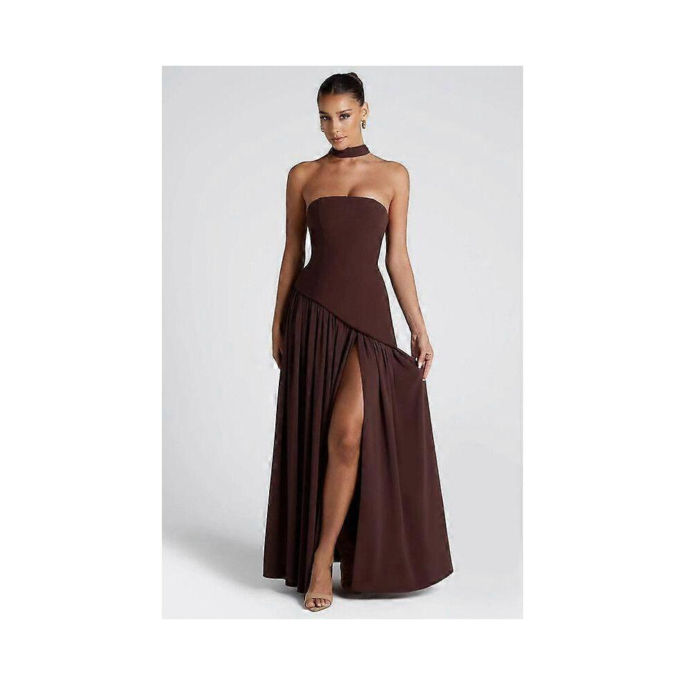 (L, Brown) Women's Strapless Solid-Color Split Dress Fashionable Sexy Backless High-Slit Long Dress-image