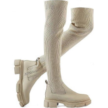 (37,Beige)Thigh High Knit Sock Boots Round Toe Mid Chunky Heel Stretch Over the Knee Boots for Women