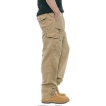 (M,Khaki)Men's Multi-Pocket Loose Cotton Casual Work Pants