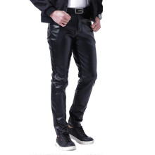 (38,Black)Men's Spring and Summer Elastic Slim Bar Net Red Leather Pants Black