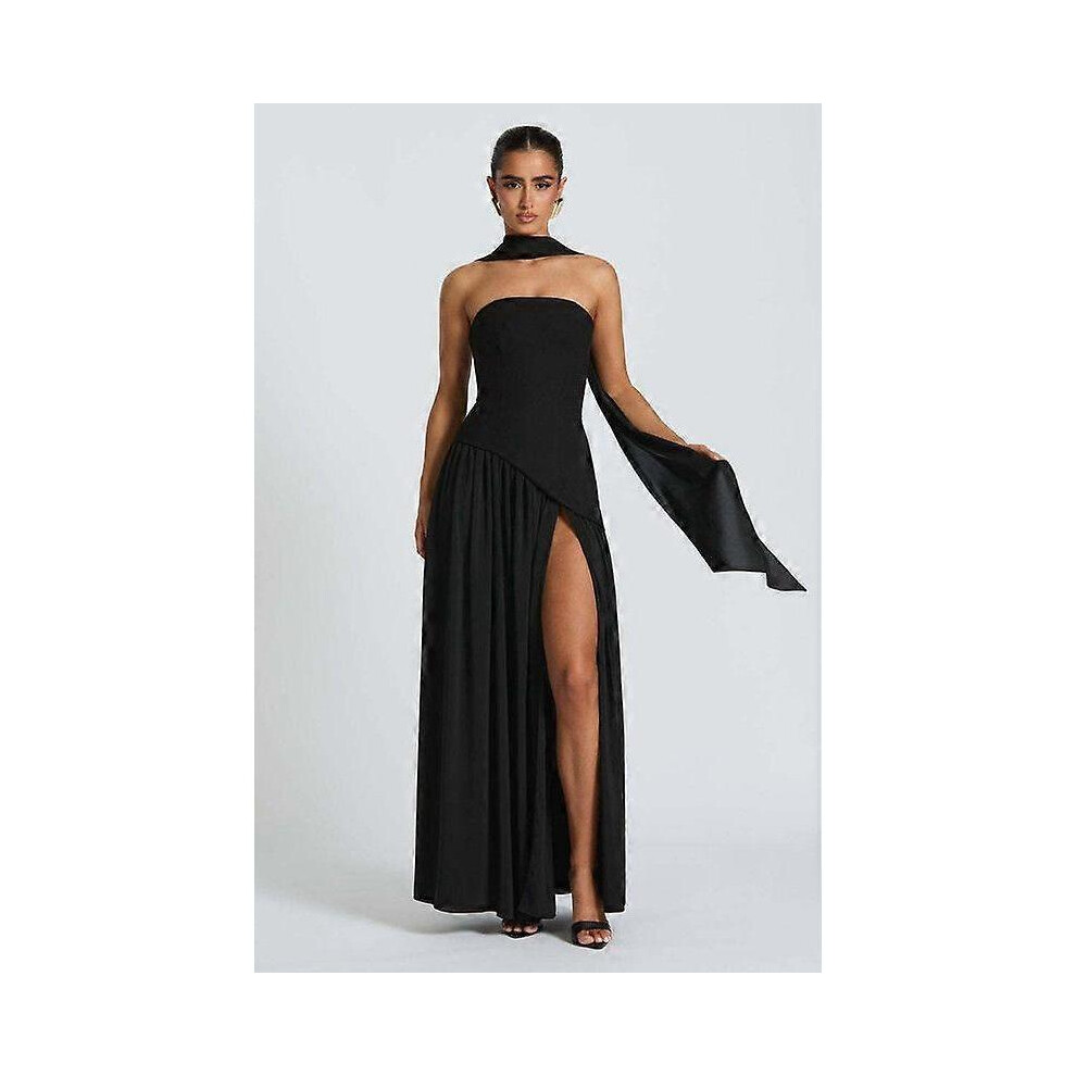 (S, Black) Women's Strapless Solid-Color Split Dress Fashionable Sexy Backless High-Slit Long Dress-image
