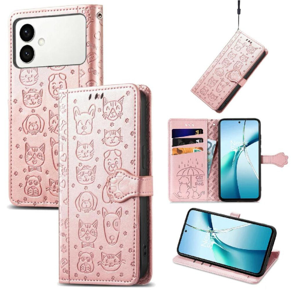 Photos - Case   For Samsung Galaxy S26 Edge Short Strap Flip Cover Cartoon Animals Shockproof Leather (Rose Gold)