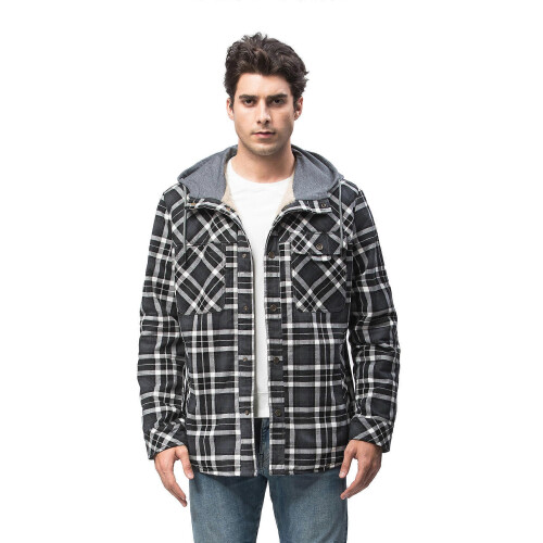 (L,Grey)Men's Sherpa Lined Jacket Flannel Plaid Jacket