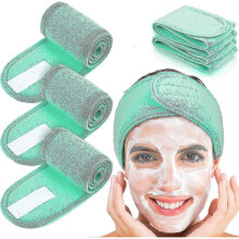 (Green)4 Pcs Facial Headband Head Wrap Cloth Stretch For Bath, Makeup And Sport - Pjun