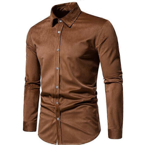 (M,Coffee)Men's Lapel Corduroy Casual Long Sleeve Shirt 1