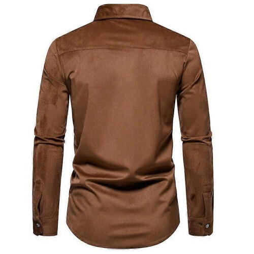 (M,Coffee)Men's Lapel Corduroy Casual Long Sleeve Shirt 2