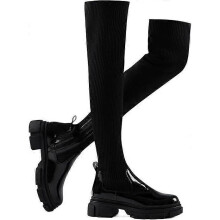 (40,Black)Thigh High Knit Sock Boots Round Toe Mid Chunky Heel Stretch Over the Knee Boots for Women