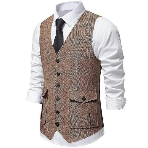 (L,Coffee)Men's Casual Single-breasted Suit Vest With Three-dimensional Pockets 1
