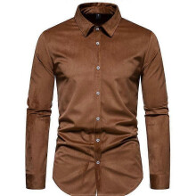 (S,Coffee)Men's Lapel Corduroy Casual Long Sleeve Shirt
