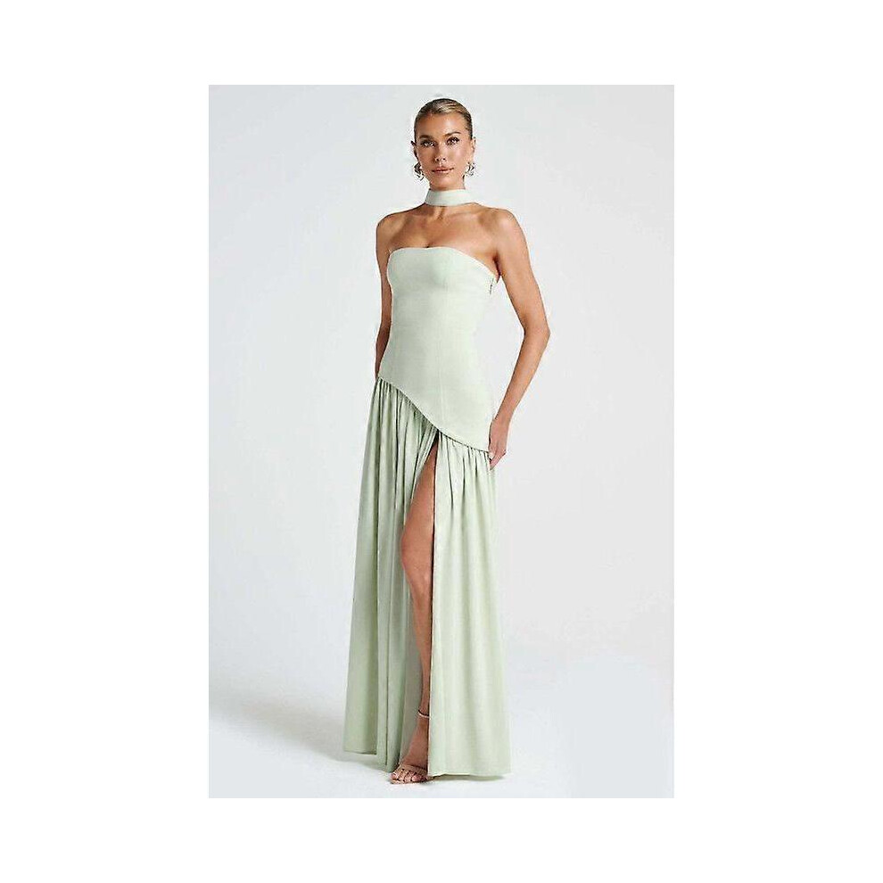 (S, Green) Women's Strapless Solid-Color Split Dress Fashionable Sexy Backless High-Slit Long Dress-image