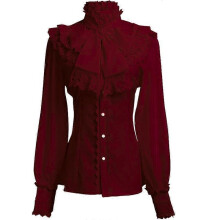 (S,Red)Victorian Blouse Womens Gothic Shirt Vintage Long Sleeve Lotus Ruffle Tops