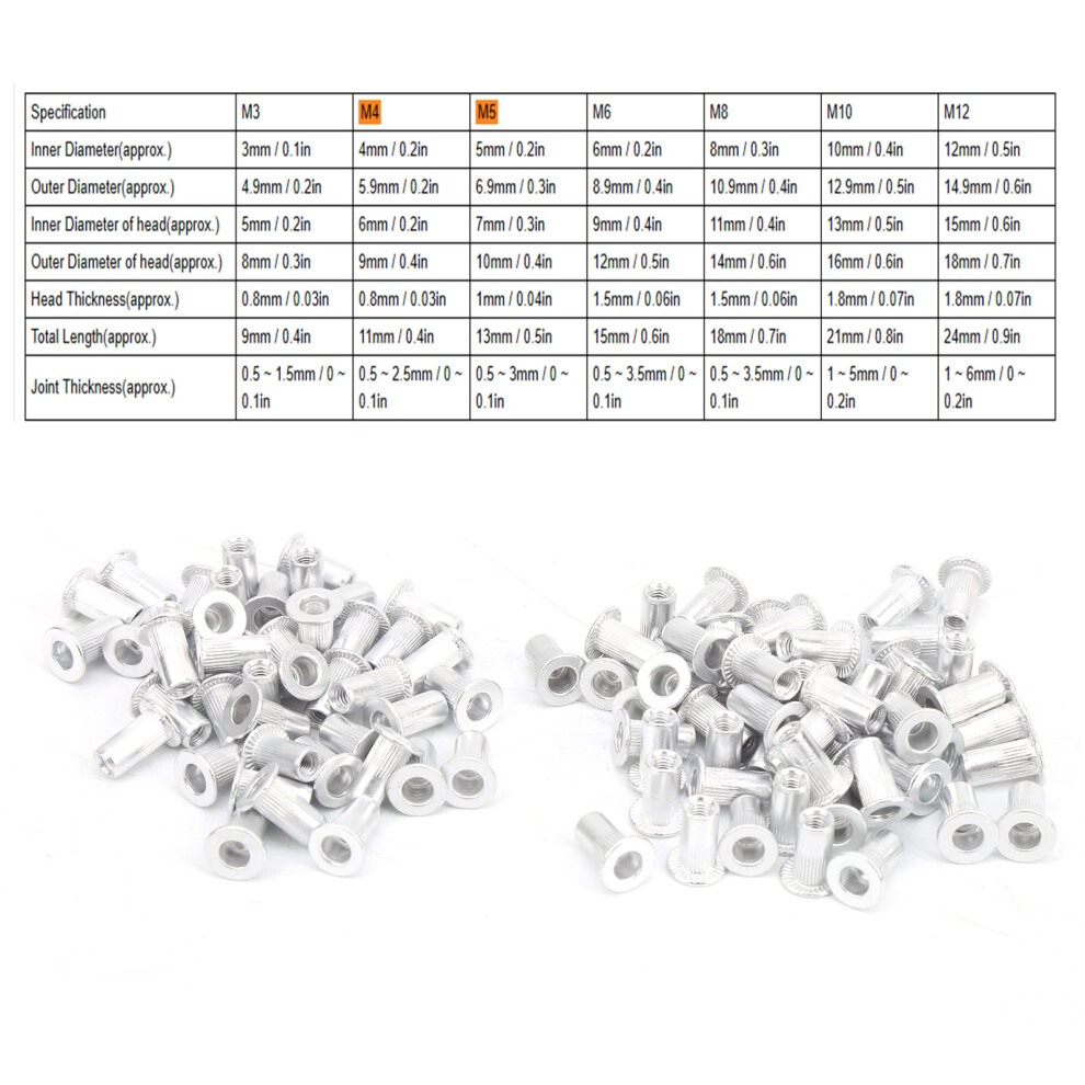 100Pcs Aluminium Flat Head Rivet Nuts Set M3-M10