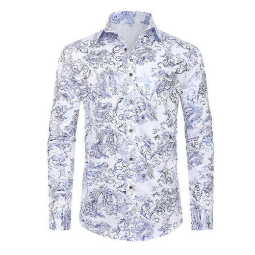 (M,White)Men's Long-sleeved Button-down Casual Jacquard Shirt 1