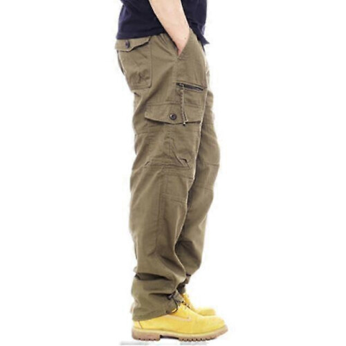 (M,Army green)Men's Multi-Pocket Loose Cotton Casual Work Pants