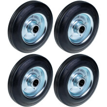 200mm 8" black rubber wheel with pressed steel centre bore 25mm 185kg - Set of 4