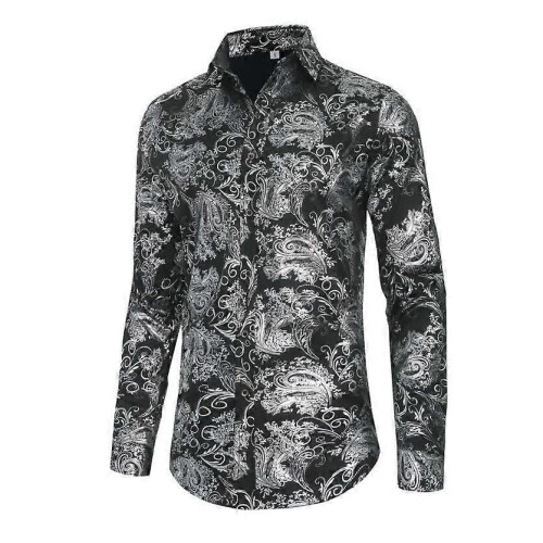 (S,Black)Men's Long-sleeved Button-down Casual Jacquard Shirt