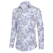 (2XL,White)Men's Long-sleeved Button-down Casual Jacquard Shirt