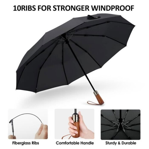 Umbrella - Black - Automatic - Wooden Handle - Waterproof - Wind Resistant 2