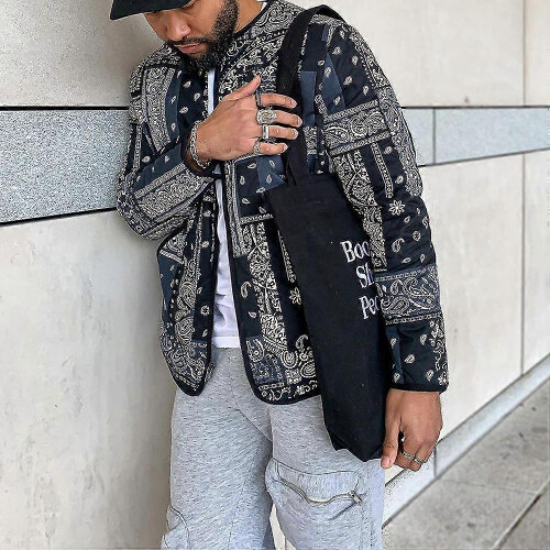 (M)Men's Bandana Print Baseball Jersey Long Sleeve Jacket 1
