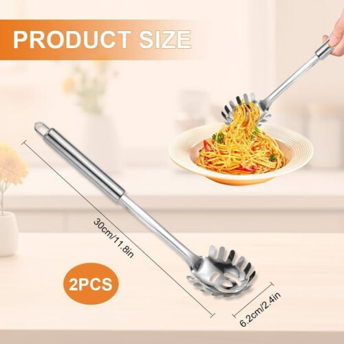 2 Spaghetti Spoons 30cm, Kitchen Pasta Spoon, Pasta Fork, Stainless Steel Spaghetti Serving Spoon 1
