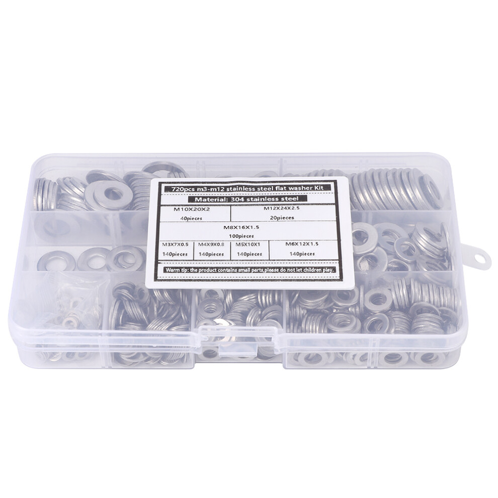 720Pcs Stainless Steel Flat Washer Set M3-M12 Silver Assortment 4201392409600