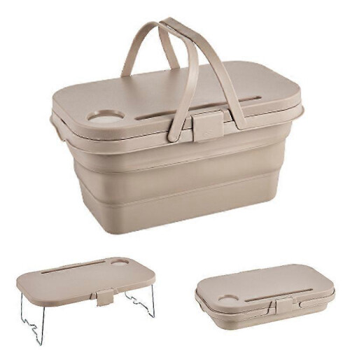 (Beige) Folding Picnic Basket Multi-functional Storage Box