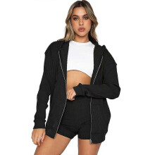 (S,Black)Women's 2 Piece Knit Outfits Casual Hooded Tracksuit