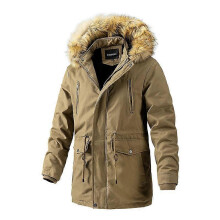 (L,Khaki)Men's Hooded Collar Winter Casual Padded Cotton Jacket