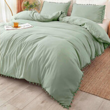 (Twin-168*228cm, Green) Pom Pom Fringe Duvet Cover 3 Piece Bohemian Farmhouse Microfiber Set