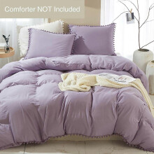(King-264*228cm, Purple) Pom Pom Fringe Duvet Cover 3 Piece Bohemian Farmhouse Microfiber Set