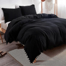(Queen-228*228cm, Black) Pom Pom Fringe Duvet Cover 3 Piece Bohemian Farmhouse Microfiber Set
