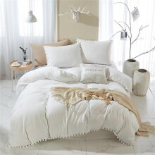 (Twin-168*228cm, White) Pom Pom Fringe Duvet Cover 3 Piece Bohemian Farmhouse Microfiber Set
