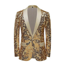 (XS)Men's Business suit gold vintage floral sequins blazer